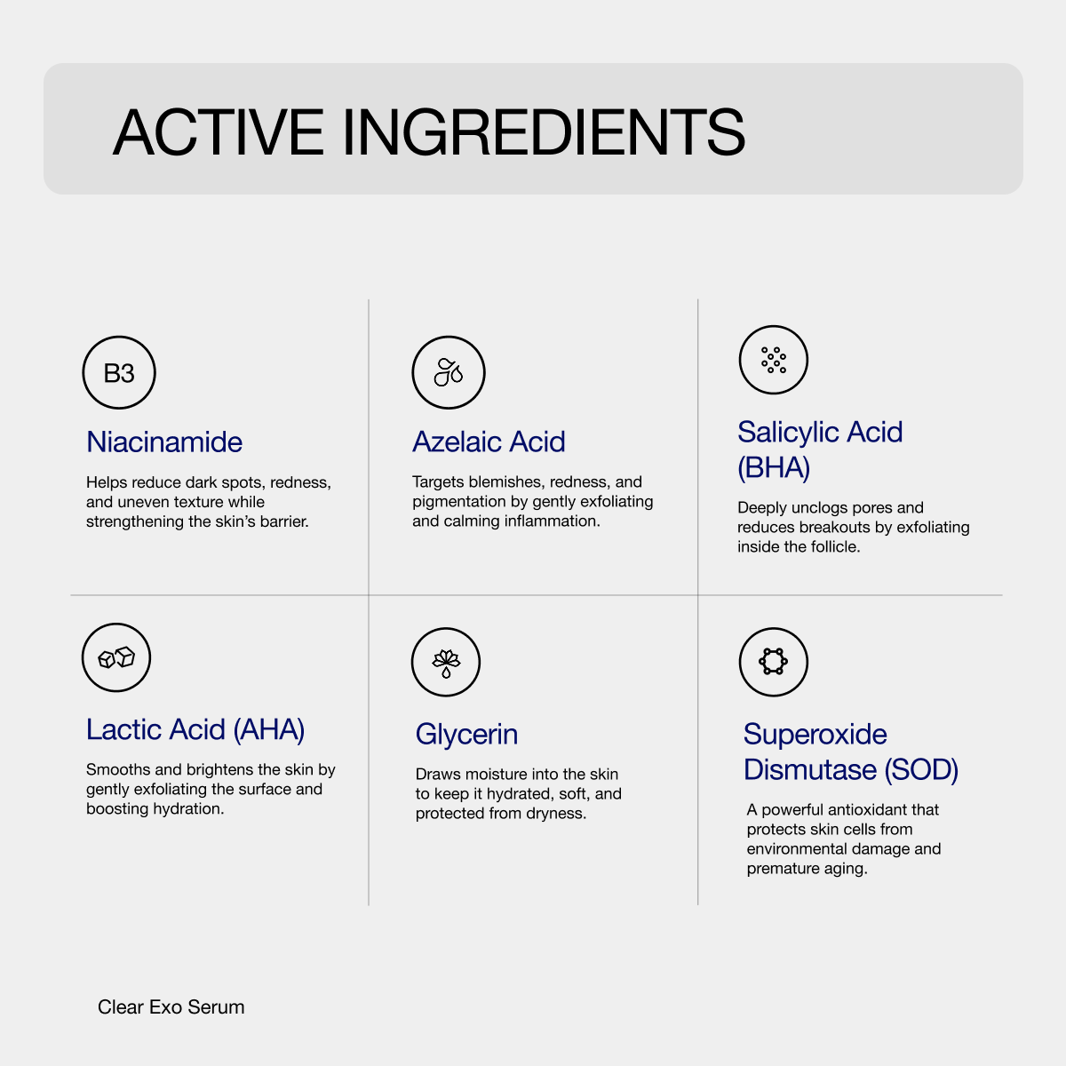 Active Ingredients - Niacinamide - Azelaic Acid - Salicylic Acid - Lactic Acid - Glycerin - Superoxide Dismutase