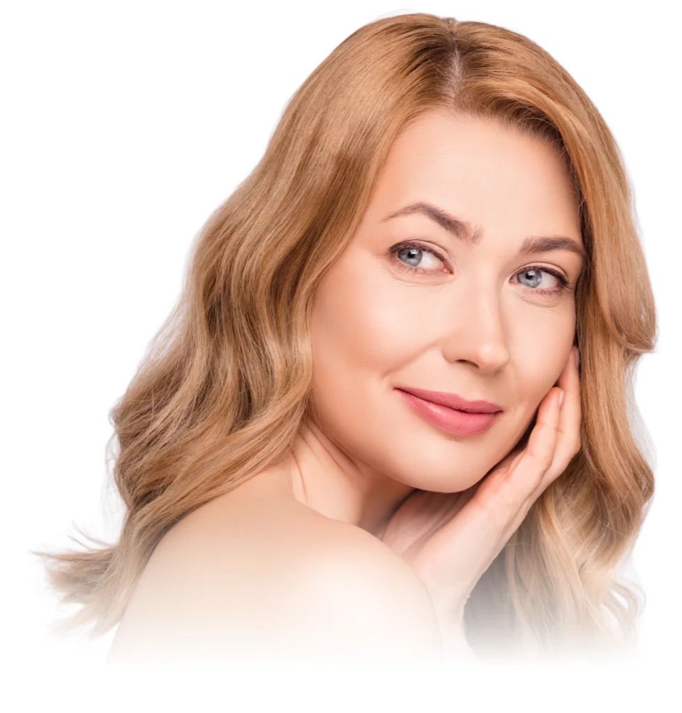 Woman with blonde hair and a soft smile on a white background